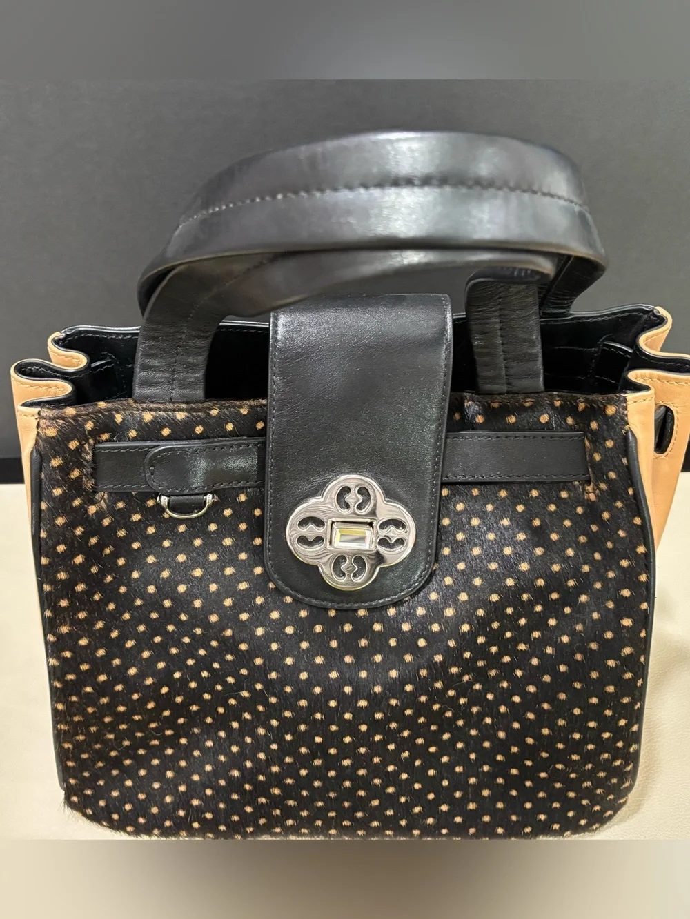 My Flat In London Black and Tan Animal Print Mixed Media Tote, Lux, Glam, Chic